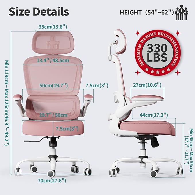 TRALT Office Chair Ergonomic Desk Chair, 330 LBS Home Mesh Office Desk Chairs with Wheels, Comfortable Gaming Chair, High Back Office Chair for Long Hours (Pink)