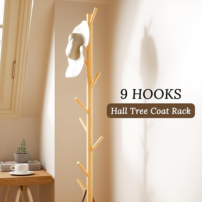 Wooden Coat Rack Freestanding with Round Base, Adjustable 4 Heights Sturdy Coat Hanger Stand 9 Hooks for Hanging Bags, Hats, Save Space Coat Tree for Narrow Place, Entryway, Bedroom, Office (Natural)