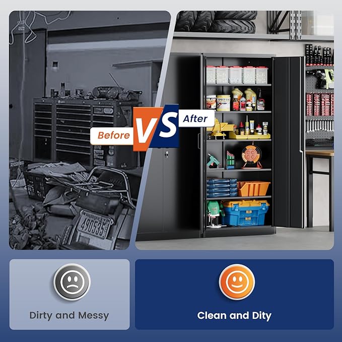 Yizosh Metal Garage Storage Cabinet with 2 Doors and 5 Adjustable Shelves - 71" Steel Lockable File Cabinet,Locking Tool Cabinets for Office,Home,Garage,Gym,School (Black)