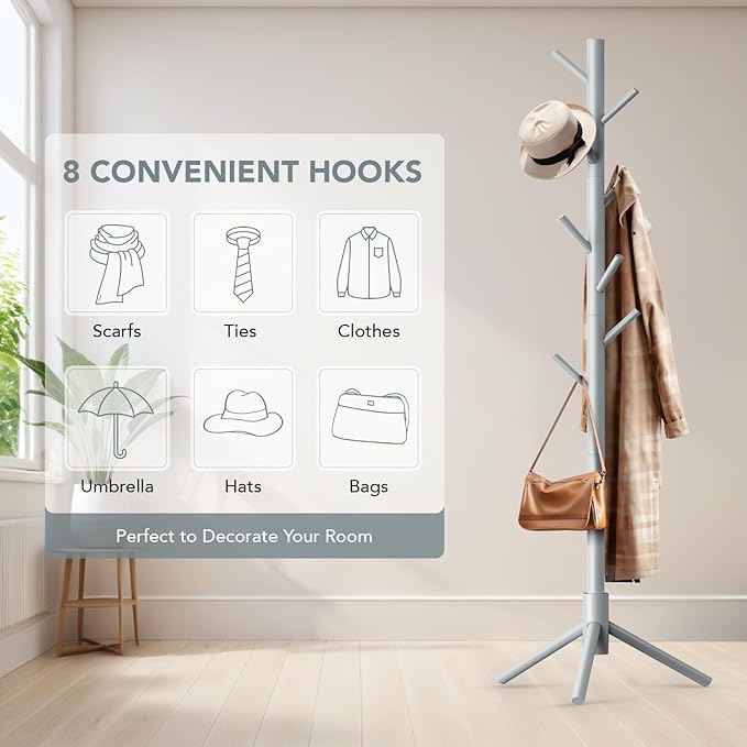 Wooden Tree Coat Rack Stand,Sturdy Freestanding Coat Rack with 8 Hooks,3 Adjustable Height for Child Adult,Wood Coat Stand Tree Fits Entryway Bedroom Office for Bags,Hats