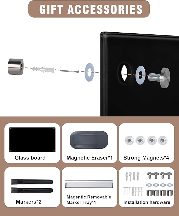 Magnetic Glass Whiteboard,24"x18" Wall Mounted Frameless Dry Erase Board for Office, Home & School Black