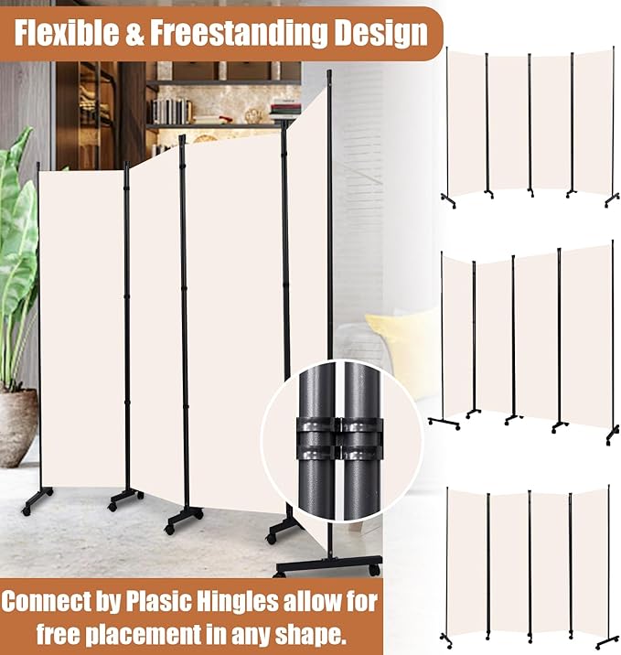 Room Divider Portable 88'' Partition Room Dividers and Folding Privacy Screens 4 Panel Wall Divider for Room Separation,Freestanding Fabric Room Divider Panel with Wheels for Home Office Hospital