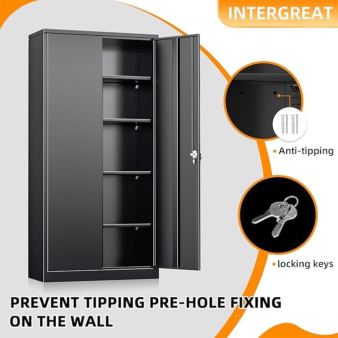 INTERGREAT Metal Storage Cabinet with Lock,Storage Wardrobe Cabinets with 4 Adjustable Shelves and Hanging Rod,Black Wardrobe Cabinet with Lockable Doors for Home Office,Warehouse,Garage
