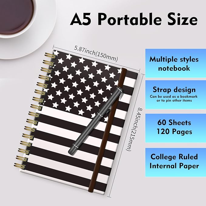 Spiral Journal Notebook, A5 Cute Notebooks for Women Men, College Ruled Hardcover Notebook for Work & Note Taking, 60 Pages Double-Wire Journals for Writing, American Flag