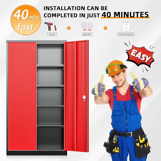 INTERGREAT Garage Storage Cabinet with Lockable Door, 72" H Metal Locking Cabinets with 4 Adjustable Shelves,Black Red Steel Cabinets Storage for Home Office, Warehouse,School