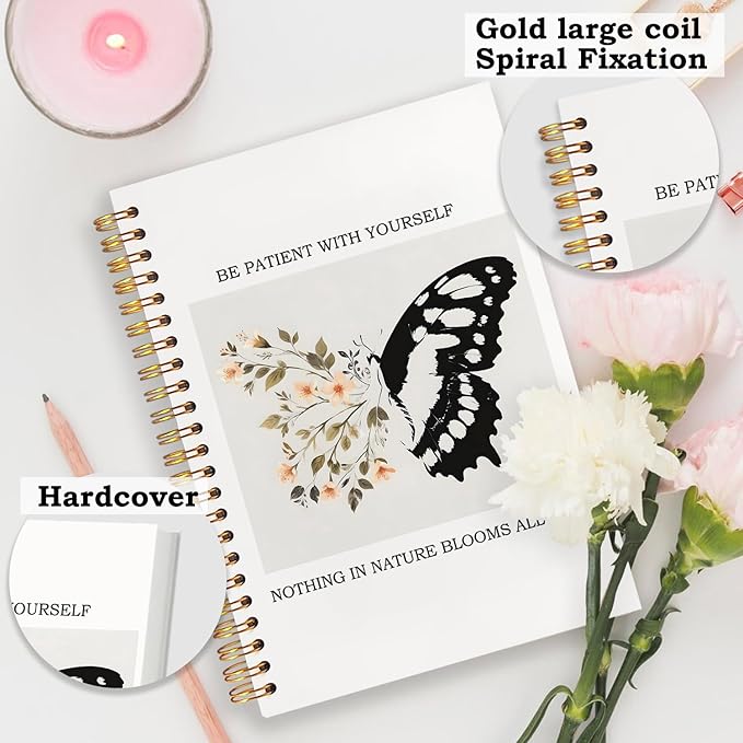 SNNDER Inspirational Butterfly Notebook Journal, Be Patient with Yourself Therapy Mental Health Journal for Women, Encouragement Gifts for Women, Hardcover Spiral Notebooks 5.5x8.3 Inch