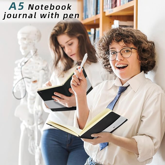 Coopay 6 Pack A5 Journal Notebook with 6 White Pens Bulk Classic Ruled Hardcover Leather Journal Set with Pen Holder for Men Women Writing Office Home School Business, 100GSM, 8.3” x 5.5” (Black)