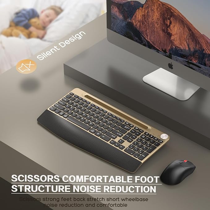 Ergonomic Wireless Keyboard and Mouse with Wrist Rest,Phone Holder - 2.4GHz Full-Sized Low-Profile Quiet Gold Wireless Mouse and Keyboard Combo for Computer, Laptop, PC, Mac-Gold