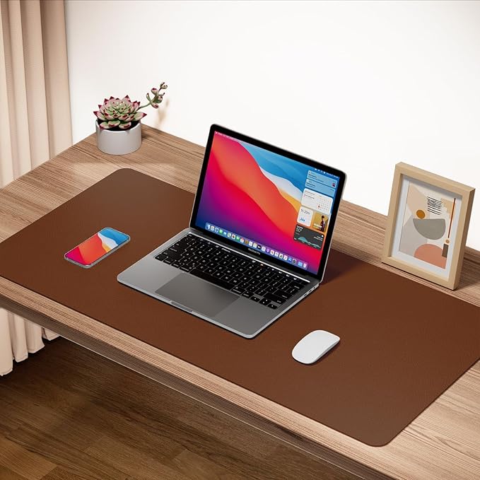 Boutilon Leather Desk Pad 24"x 14" Non-Slip Mouse Pad,Office Desk Mat,Waterprooft PU Leather Desk Blotter,Desk Pad Protector,Desk Writing Pad for Home Office Decor (S-Brown)