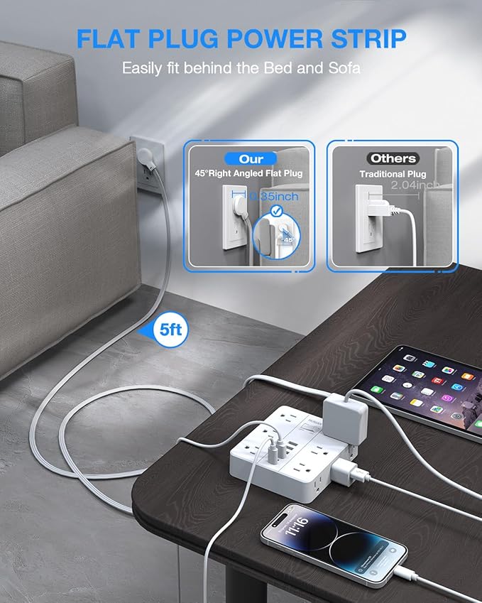 Flat Plug Power Strip Surge Protector, Flat Extension Cord Indoor 20 Feet, HUNIAN 12 Widely Spaced Outlets with 6 USB (2 USB C Ports), Desk Charging Station for Home Office Supplies, White