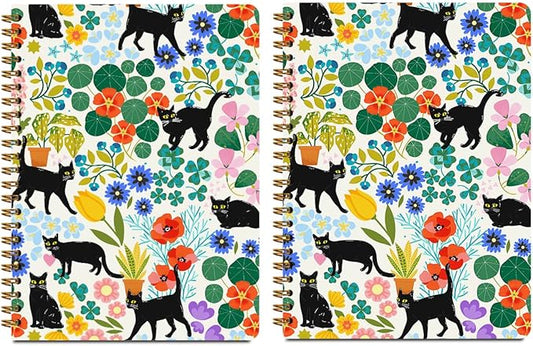 2Pcs Cute Spiral Notebook, Floral Cat College Ruled Spiral Notebook, 160 Pages Hardcover Notebooks Journals for Writing Travel Business Office, Funny Aesthetic Notebooks for Women Cat Garden