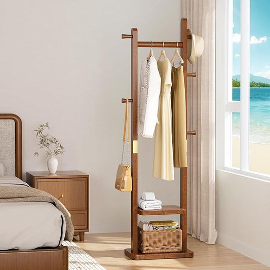 Solid Wood Coat Rack, Coat Rack Freestanding with 2 Shelves and 5 Hooks, Heavy Duty Coat Tree for Entryway,Living room,Coat Hanger Stand for Hats, Bags (Walnut Brown)