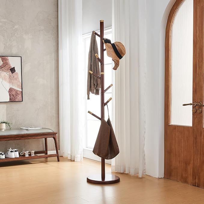 Uniclinens Coat Rack Freestanding Solid Wood Coat Tree Standing with 7 Hooks, Coat Rack Stand Creative Tree Branch-look (Walnut)