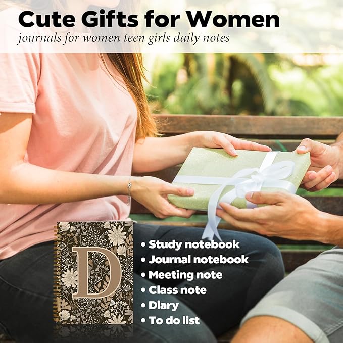 Initial D Personalized Journal Notebook, Boho Floral Journaling Notebooks for Women Girls, Costom Monogrammed Gifts for Women Mom Girls Friends, Letter Spiral Notebook, 5.5x8.3