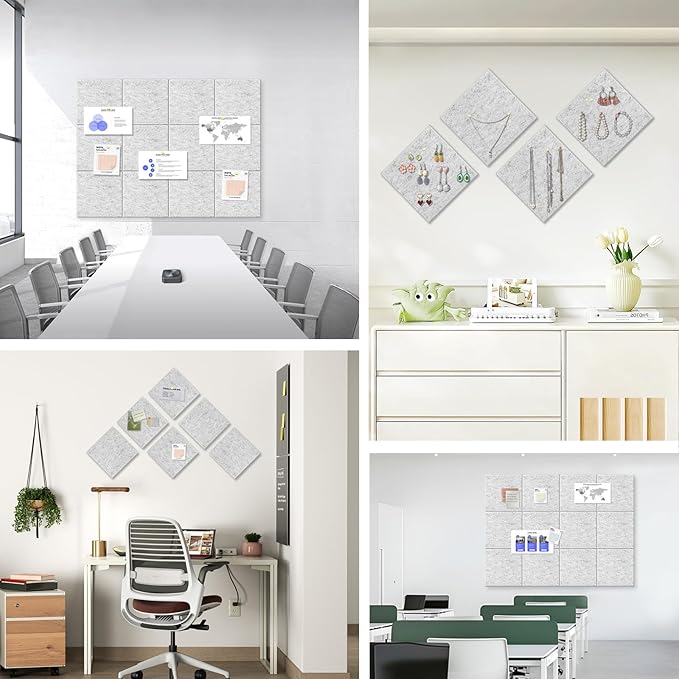 Large Cork Board for Office Wall Decor,48"x36"-12 Pack Felt Wall Tiles with Safe Removable Adhesive Tabs, 1/2" Thick, Felt Bulletin Board Pin Board Cork Boards for Walls - Light Grey