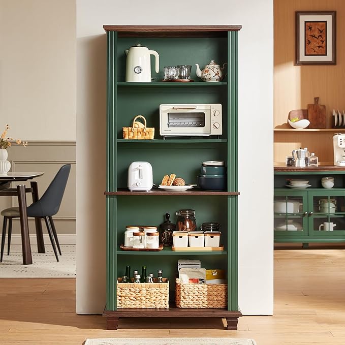 70" Tall Green Bookshelf,5 Tier Wooden Book Shelf with Adjustable Shelves & Wood Legs,Free Standing Farmhouse Bookcase with Open Display Storage,Vintage Bookshelves for Library, 3PCS