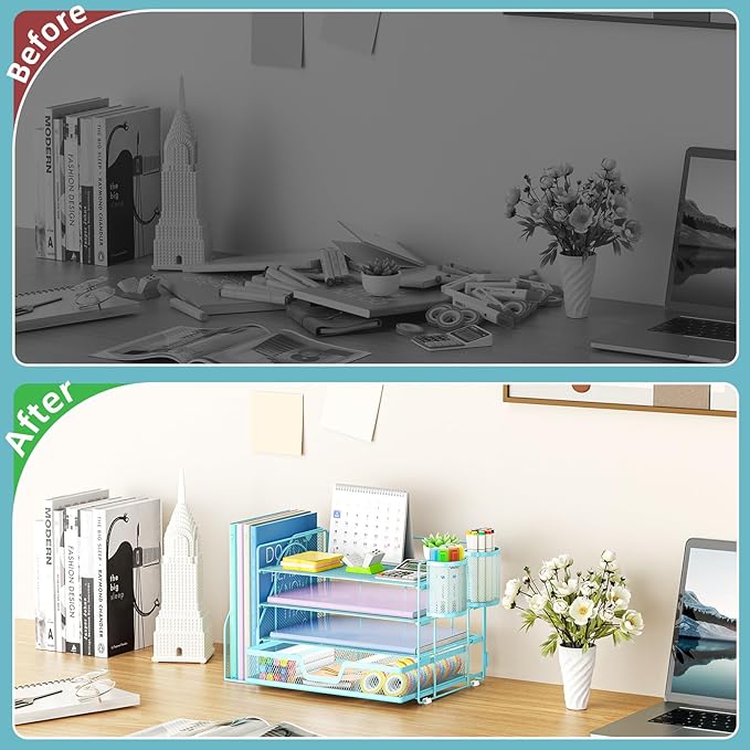 Marbrasse Desk Organizer and Accessories,4-Tier Paper Letter Tray Organizer with File Holder, Desk Accessories & Workspace Organizers with Drawer and 2 Pen Holder (Blue, 15.4" x 9.1" x 8.3")