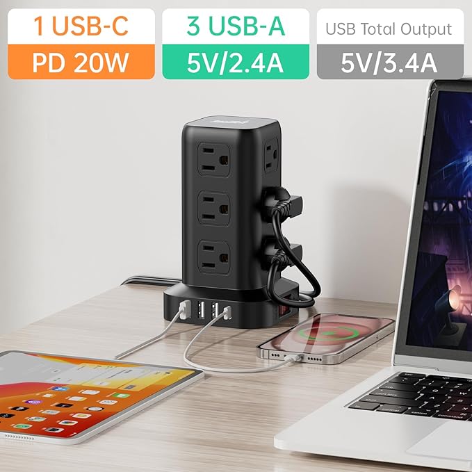 PD20W Surge Protector Power Strip Tower, 15FT Extension Cord with Multiple Outlets, 12 AC 4 USB (1 USB C),Mini Power Strip with USB Ports, Surge Protector Tower Overload Protection for Office, Desk