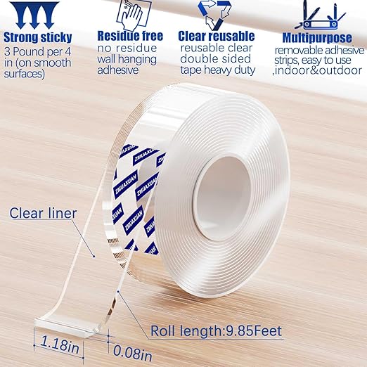 Strong Nano Double Sided Tape Heavy Duty Mounting,Clear Removable Wall Sticky Adhesive Strips,Reusable Thick Gel Grip for Hanging Picture,Poster,Carpet,Photo