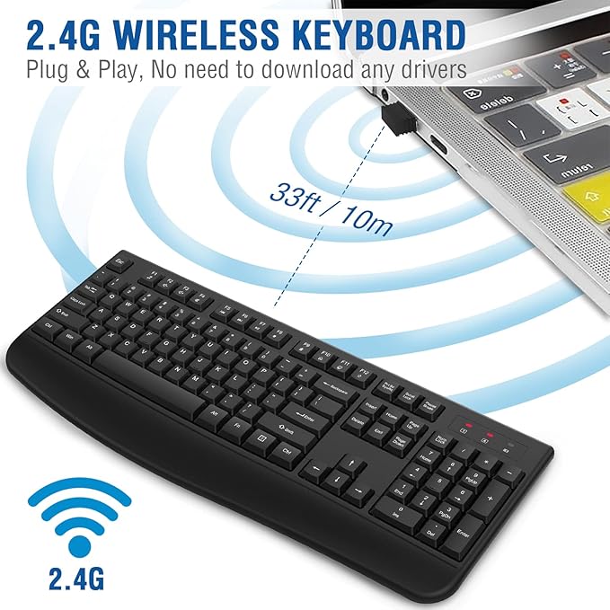 EDJO Wireless Keyboard, 2.4G Ergonomic Full Size Wireless Computer Keyboard with Wrist Rest for Windows, Mac OS Desktop/Laptop/PC(Black)
