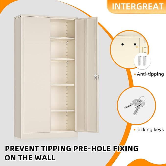 INTERGREAT Metal Storage Cabinet with Lock,72 Tall Armoire Wardrobe Closet with Doors,Cream Grey Storage Closet Cabinet with Adjustable Shelves and Removable Hanging Rods