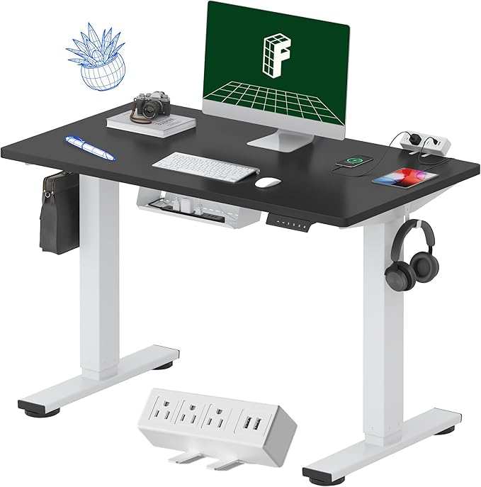 FLEXISPOT EN2 Whole-Piece Standing Desk with Clamp Power Strip, 40 x 24 Electric Stand Up Height Adjustable Desk with Cable Management (White Frame + 40" Black Desktop, 2 Packages)