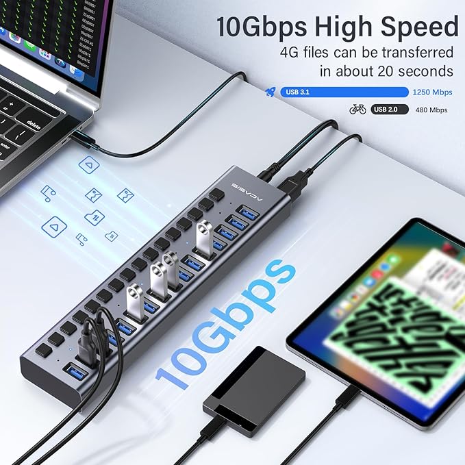 Powered USB 3.1 Hub, ACASIS 16 Ports USB 3.1 Hub with 10Gbps Data Speed,Aluminum Housing, USB Hub Powered with 96W Power Adapter, USB Hub for PC/Laptop, Computer, Flash Drive, Printer, Camera