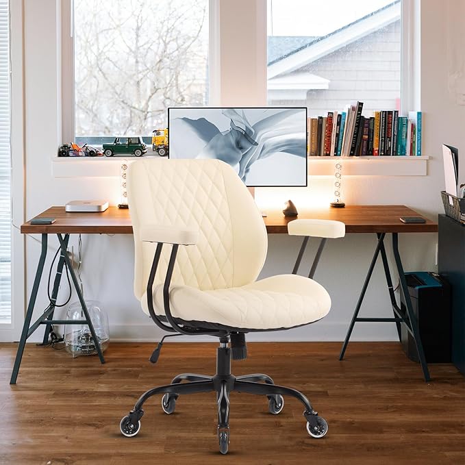 YFO Home Office Desk Chair Office Rubber Casters Ergonomic Computer Chair with Lumbar Support Adjustable Height Rolling Swivel Executive Task Armrests Chair, White Leather