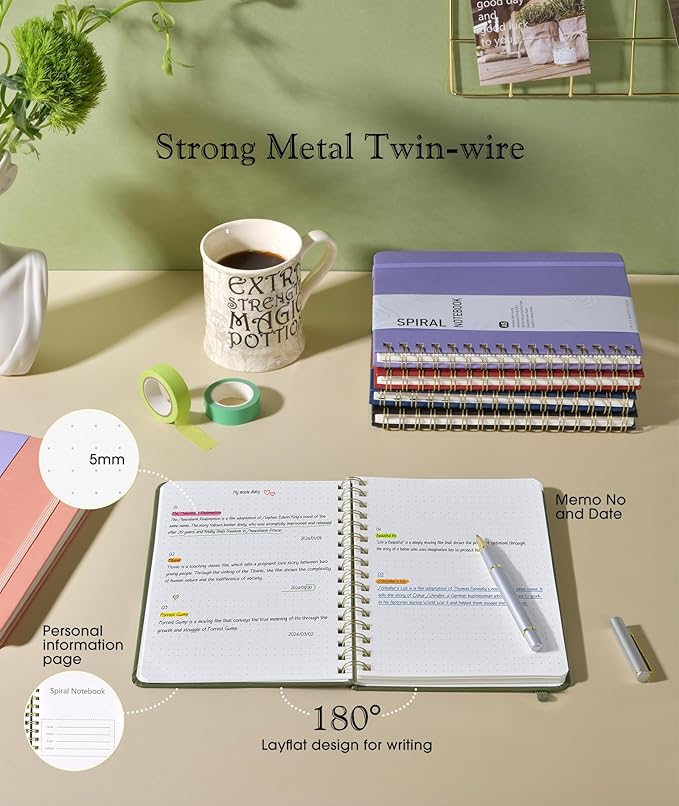 Dotted Spiral Journal Notebook, A5 Hardcover Spiral Journals for Women Men, 100 GSM Dot Grid Paper Notebooks, 150 Pages Spiral Bullet Dotted Notebook for Writing Note Taking 5.75" x 8.38" Olive Green