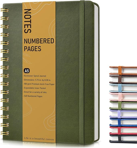 Lined Spiral Journal Notebook, A5 Hardcover Spiral Journals for Women Men, 150 Numbered Pages Spiral Bound Notebook, 100 GSM College Ruled Notebooks for Work, Note Taking 5.75" x 8.38", Olive Green