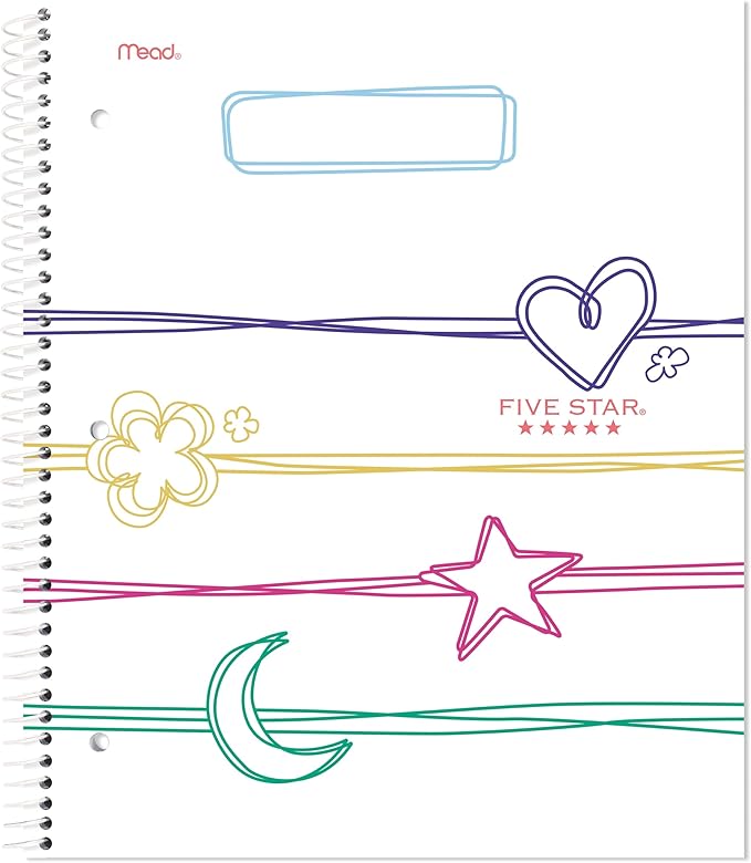 Five Star Spiral Notebook + Study App, 1 Subject, Wide Ruled, 8" x 10-1/2", 80 Sheets, Fights Ink Bleed, Water Resistant Cover, Pastel Doodles (930212F-ECM)