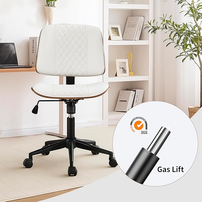 Stylish White Home Office Chair – Armless PU Leather Mid-Back Chair with Adjustable Height, Swivel Wheels, Walnut Finish for Study, Bedroom, or Dorm Room