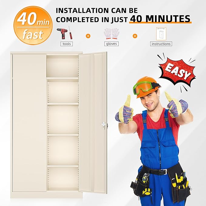 INTERGREAT Metal Storage Cabinet with Lock,72 Tall Armoire Wardrobe Closet with Doors,Cream Grey Storage Closet Cabinet with Adjustable Shelves and Removable Hanging Rods