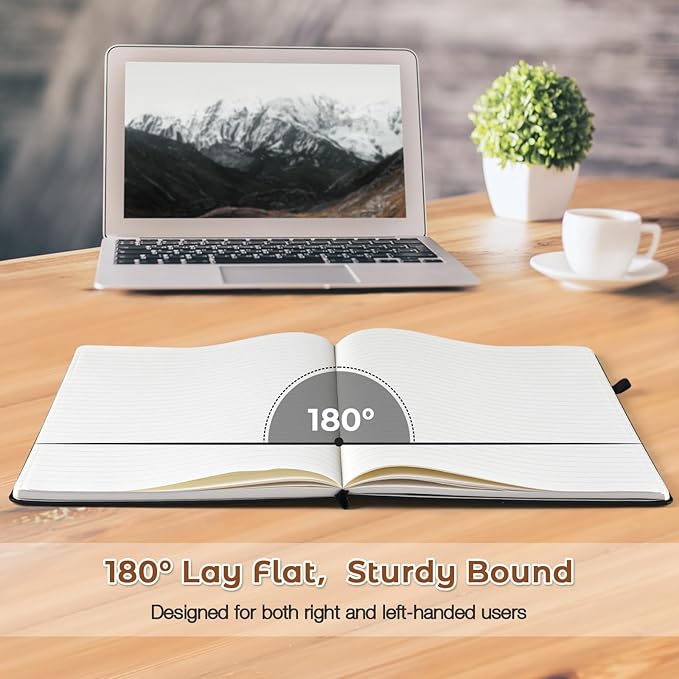 Lined Journal Notebook, 8.5" x 11" Hardcover Leather Notebook for Work, Wide Ruled Notebook Journal for Women Men, 192 Thick Paper, Lay Flat, 2 Pockets, A4 Large Journals for Writing, Brown Notebook