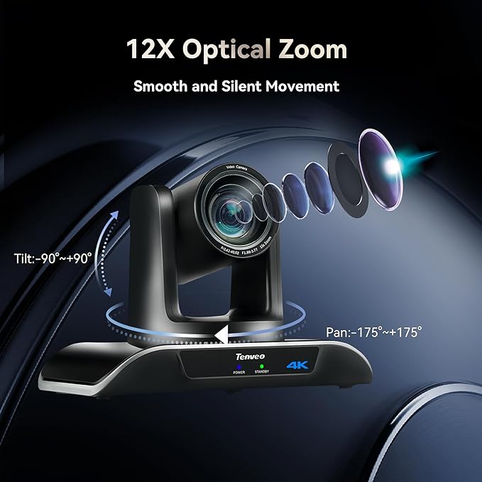 Tenveo UHD 4K PTZ Conference Room Camera 12X Optical Zoom USB3.0/HDMI Wide View Angle, 4K PTZ Camera for Video Conference Church Services Worship Events, Zoom/OBS/YouTube Live Streaming