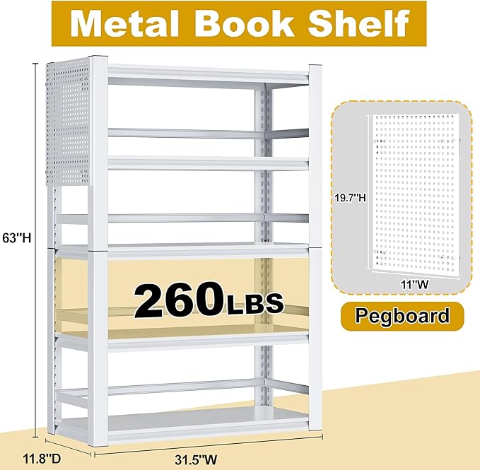 Bookshelves and Bookcases, 5 Tier Metal Bookshelf, 63" Tall Bookcase, Adjustable White Book Shelf, Heavy Duty Storage Shelves for Bedroom, Living Room, Home Office, School, Bathroom and Kitchen