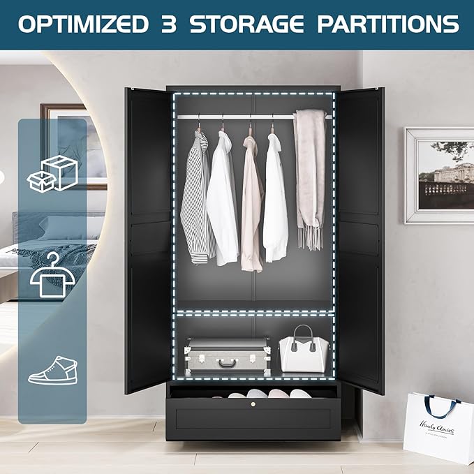 MIIIKO Wardrobe Closet with Drawer, 2 Doors Clothes Cabinet, 72" Metal Storage Cabinets with Hanging Rod and Shelf, Bedroom Armoires Laundry Room and Office Clothes Storage Organizer Cabinets