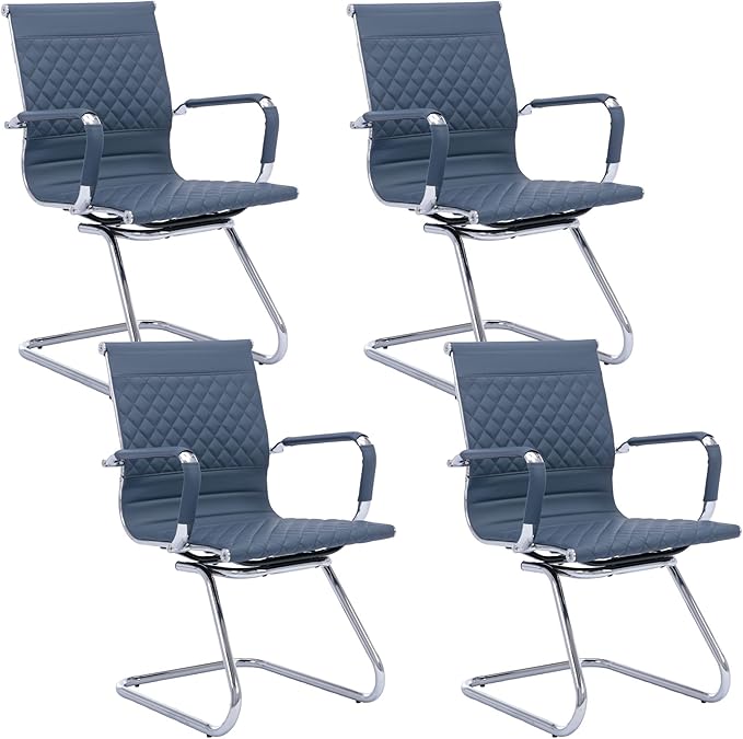 Office Guest Chairs Reception Chairs Waiting Room Chairs Set of 4 Conference Room Chair with Mid Back, Modern PU Leather Desk Chairs, Navy