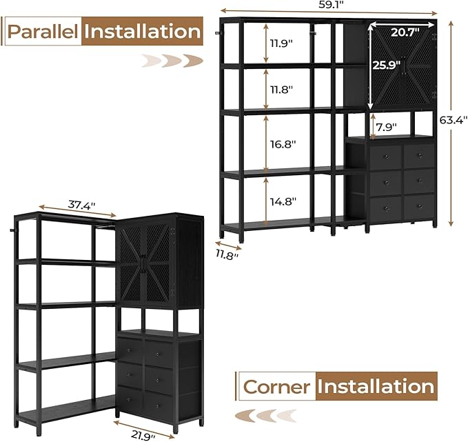 Corner Bookshelf, 5 Tier Industrial Convertible Bookshelf with 6 Fabric Drawers, Corner Bookcase Large L Shaped Storage Display Shelf for Home Office, Living Room, Kitchen, Black