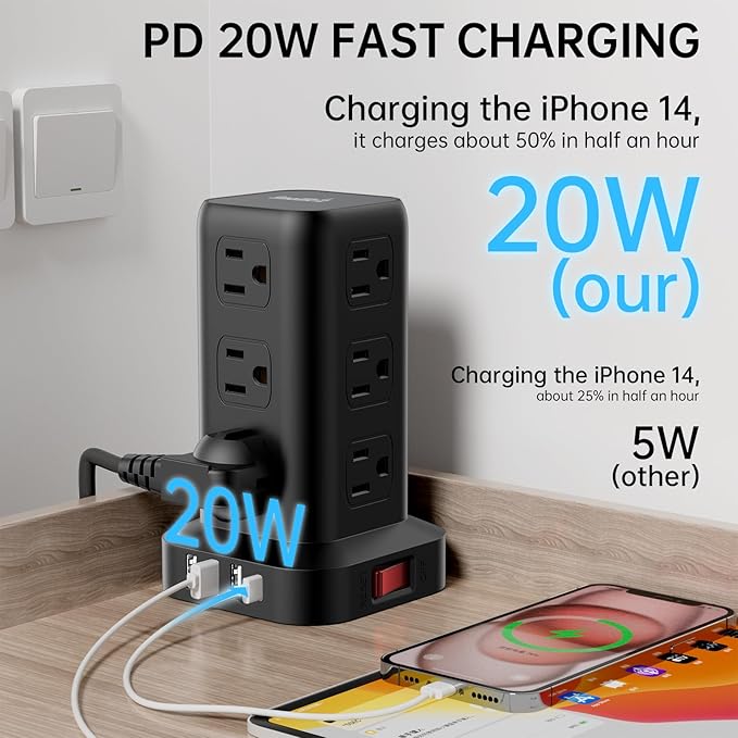 PD20W Surge Protector Power Strip Tower, 15FT Extension Cord with Multiple Outlets, 12 AC 4 USB (1 USB C),Mini Power Strip with USB Ports, Surge Protector Tower Overload Protection for Office, Desk