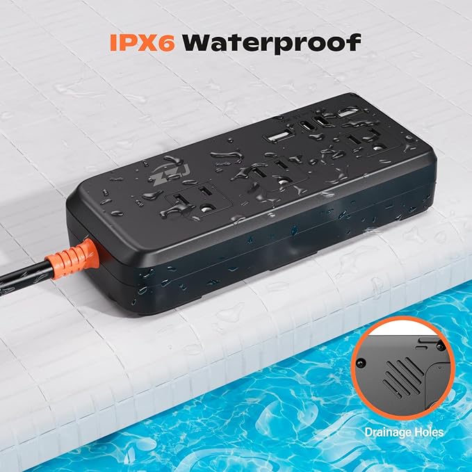 Power Strip Weatherproof, 7-in-1 Surge Protector with 3 Wide Outlets 2USB A and 2USB C,1875W/15A, 10FT Flat Plug Multi-Plug Outdoor Extension Cord for Indoor Outdoor, UL FCC Listed