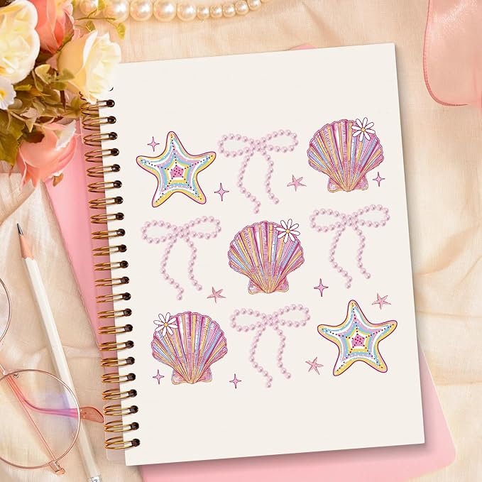 JXREQ Coquette Pink Bow Seashell Notebook Journal for Women, Preppy Aesthetic Journaling Notebooks for Note Taking, Girly Office Supplies, Trendy Beachy Spiral Notebooks 5.5x8.3