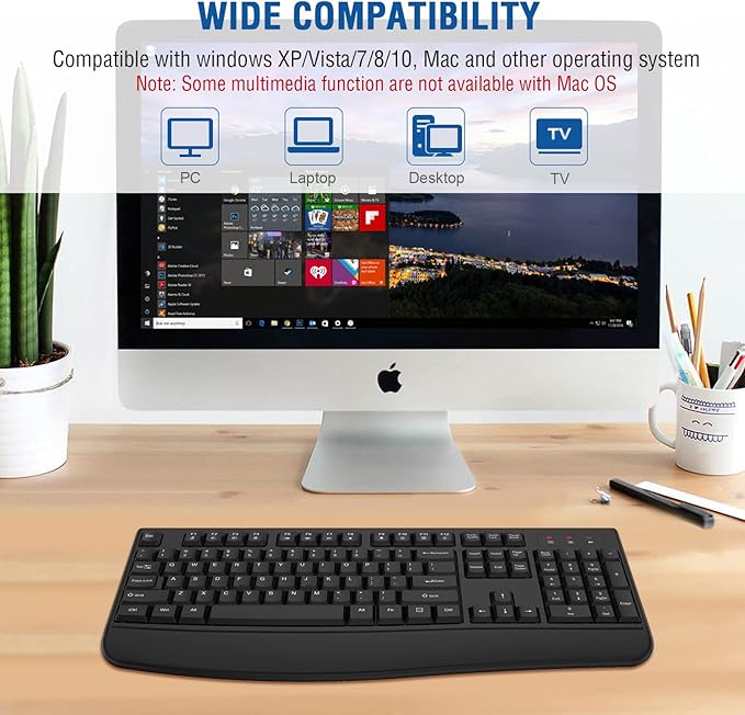 EDJO Wireless Keyboard, 2.4G Ergonomic Full Size Wireless Computer Keyboard with Wrist Rest for Windows, Mac OS Desktop/Laptop/PC(Black)