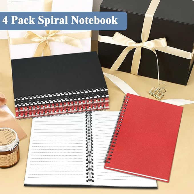 4Pack Small Spiral Notebook A5, 8.25x5.5” 120 Lined Pages Black & Red Wide Ruled Spiral Journal Bulk Blank Kraft Cover Spiral Bound Notebook & Writing Pads for Home Office Meeting Work Note Taking