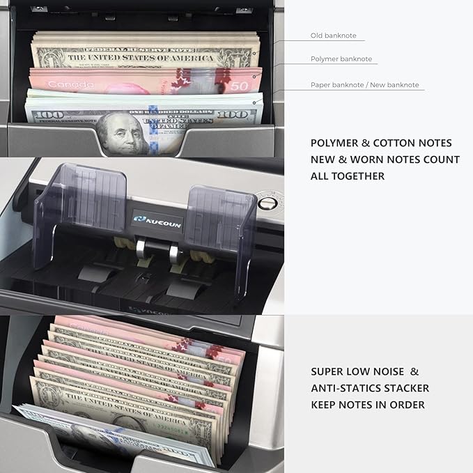 NUCOUN VC-7S Silver Bank Grade Money Counter Machine Mixed Denomination Value Counting Serial Number Multi Currency Enabled 2CIS/UV/IR/MG/MT Counterfeit Detection Cash Bill Value Counter