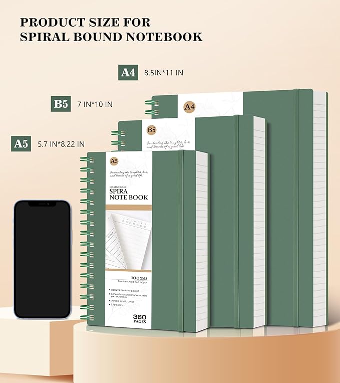 Spiral Notebook Journal, 360 Pages College Ruled Notebooks, Lined Thick Journals for Women Men,B5 Big Spiral Notebooks with 100GSM Paper, Spiral Bound Journal for Writing Work School Green 7.6"×10"