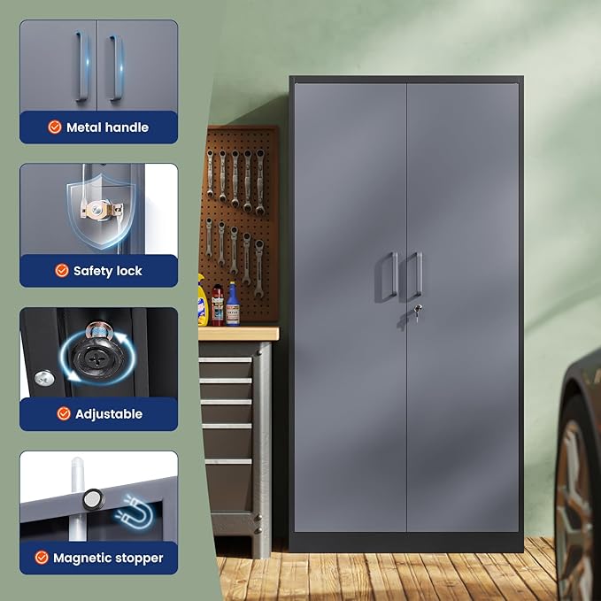 Yizosh Metal Storage Cabinet with Locking Doors and 5 Adjustable Shelves, 72" Garage Storage Cabinet Steel Lockable for Office,Home,Garage