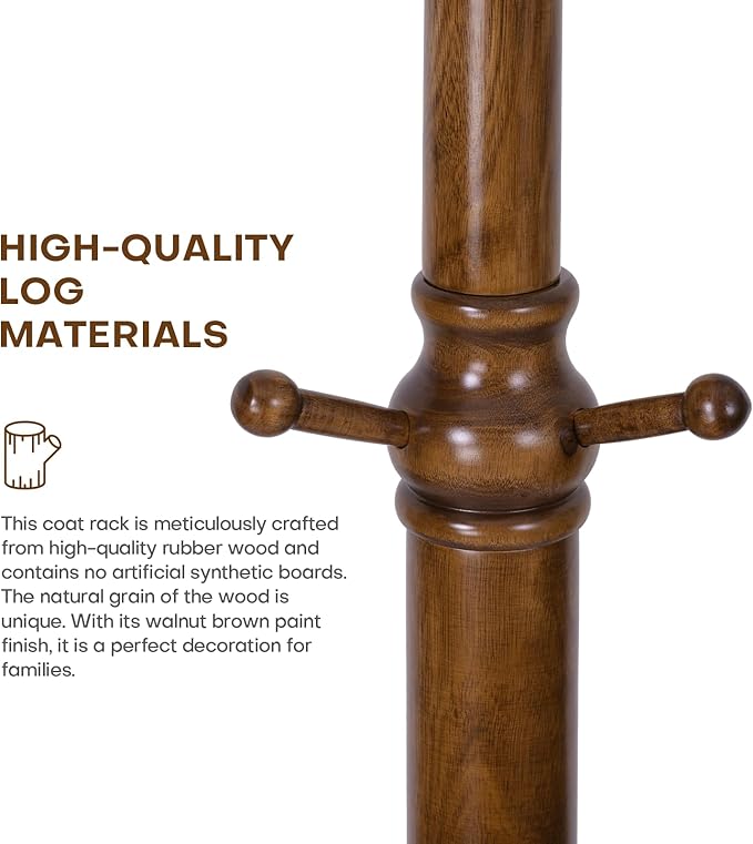 Wood Coat Rack Coat Tree Freestanding with Hooks, Heavy Duty Standing Coat Rack with Solid Round Base, 74” Tree Shaped Coat Hanger Stand for Clothes, Hat, Jacket, Entryway Bedroom, Walnut