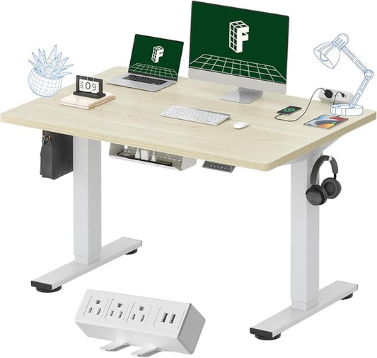 FLEXISPOT EN2 Whole-Piece Standing Desk with Clamp Power Strip, 48 x 30 Electric Stand Up Height Adjustable Desk with Cable Management (White Frame + 48" White Wood Grain Desktop, 2 Packages)