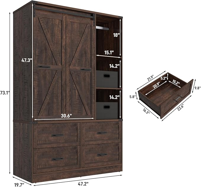 Farmhouse 3 Doors Armoire Wardrobe Closet w/Folding Sliding Barn Door and Lights, LED Armoire Closet w/Drawers for Bedroom, Freestanding Wooden Wardrobe Storage Closets w/Hanging Rod,Rustic Brown